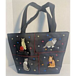 Embroidered Cat Design Black Tote Bag
